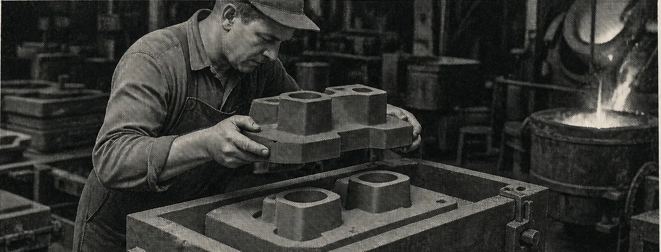 A 1950s foundry worker lifting a reusable pattern from two matching impressions in a sand mold.